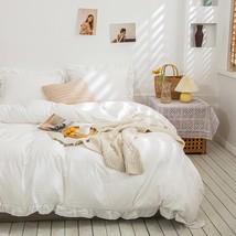 White Boho Bedding Set Twin White Duvet Cover Set Shabby Chic Ruffled Fringe Sof - £62.47 GBP