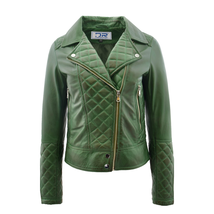 DR238 Women&#39;s Leather Biker Jacket with Quilt Detail Green - £138.93 GBP