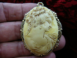 (CL7-5) Woman Lady hair up yellow ivory CAMEO brass pin brooch Pendant necklace - £29.40 GBP