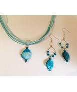 Blue Beaded Necklace Earring Set Organza Silver Metal Hoop Shell Handmad... - £39.96 GBP