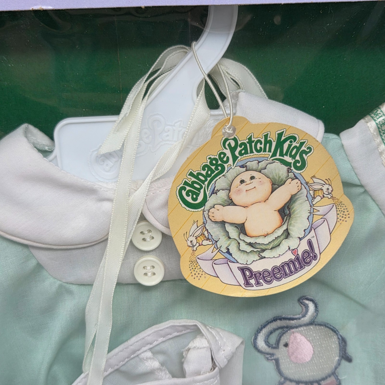 VINTAGE CABBAGE PATCH KIDS PREEMIE GREEN ELEPHANT OUTFIT ROMPER + HAT NEW IN BOX Item image 2