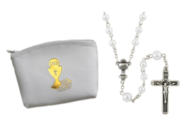Girls First Eucharist First Communion White Rosary with Rosary Case Zipper Pouch - £10.38 GBP