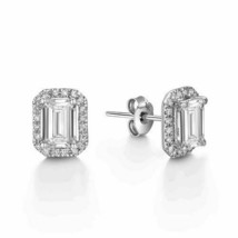 1.00 CT Émeraude &amp; Imitation Diamant Halo Boucles D&#39;Oreilles 14K Plaqué or Blanc - £65.43 GBP