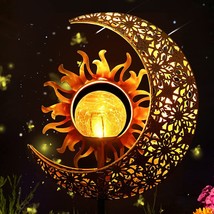 Garden Solar Lights Outdoor Decorative, Sun &amp; Moon Crackle Glass Globe Metal Sta - £23.09 GBP