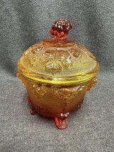 Vintage Amberina Carnival Glass Footed Candy Bowl w Lid Red Yellow Grape... - £12.05 GBP