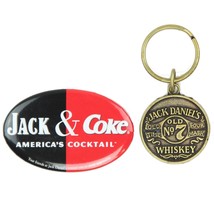 Jack &amp; Coke Pin and Jack Daniels Keychain Set Coca Cola Soda Gift Set - $14.84