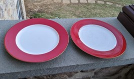 10 Ten Strawberry Street HALO Red Dinner Plate 10 1/4&quot; Gold Rim SET OF 2 - £13.36 GBP