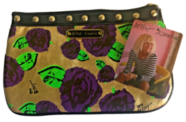 Betsey Johnson Purple Cabbage Roses 10&quot; x 6.5&quot; Clutch Makeup Bag Purse Gold - $48.88