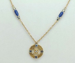 Art Deco 14K Yellow Gold Enamel Necklace w/ Montana Sapphires &amp; Diamonds (18&quot;) - £1,082.47 GBP