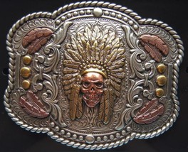 Nocona Western Buckle Indian Chief Feather Skull Silver 37600 - £22.38 GBP