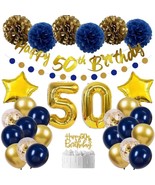 50th Birthday Decorations UNISEX Navy Blue Includes Gold Happy 50th Birt... - £27.37 GBP