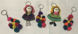 Lot of 5 Artisan Made Peruvian Keychain Doll Traditional Girls and Pom P... - $7.98