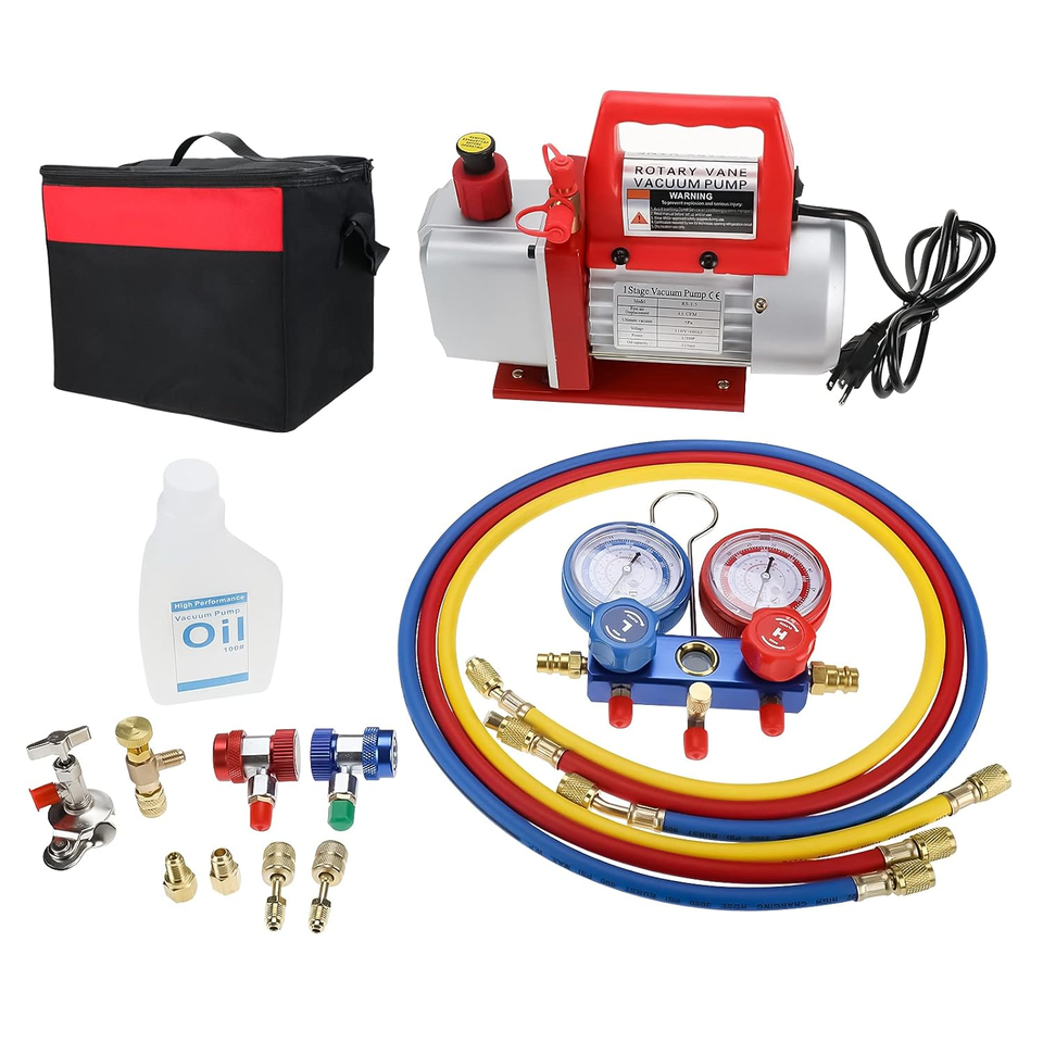 4.5CFM Single Stage Rotary Vane Air Vacuum Pump and R134A AC Manifold Ga... - $208.11