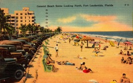 Linen POSTCARD- General Beach Scene Looking North, Fort Lauderdale, Florida BK47 - £2.74 GBP
