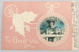 Antique 1900&#39;s Pretty Lady w/in Pink Frame To Greet You Valentine Postcard - £7.58 GBP