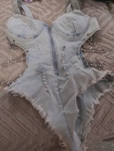 Shop Michella Embellished Denim Body Suite w/chains Sz S NWT Festival Rave - $532.95 MXN