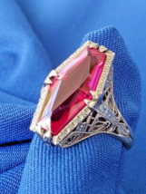Vintage Deco Ruby Solid 14k White Gold Filigree Statement Engagement Rin... - $20,920.96 MXN
