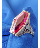 Vintage Deco Ruby Solid 14k White Gold Filigree Statement Engagement Rin... - €981,37 EUR