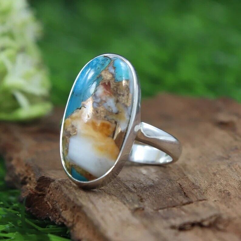 925 Sterling Silver Lab Created Oyster Turquoise Gemstone Unisex Ring Je... - $16.04+