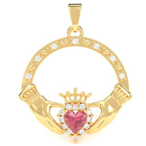 Pink Tourmaline Diamond Claddagh  Pendant in 14k Yellow Gold - £399.84 GBP