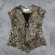 Casual Shirt Womens Brown Animal Print V Neck Short Cap Sleeve Front Buckle Top - £17.99 GBP