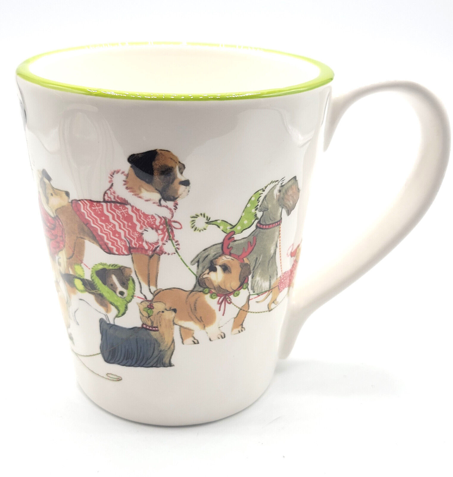Primary image for Park Ave Puppy Dog Breeds Winter Holiday Mug Pier 1 Imports 4.5"tall White Green