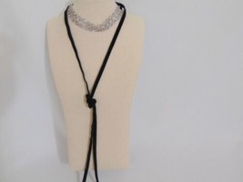 INC Silver-Tone Crystal Pave Scalloped Black Ribbon Choker Necklace E766 - $14.39