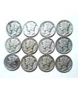 12 Mercury Dimes 90% silver 1939, 1943, 44, 45. P &amp; D Mints Full Dates F... - $34.65