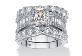Princess Cz Bridal 3 Ring Set Band Platinum Sterling Silver 6 7 8 9 10 - £176.39 GBP
