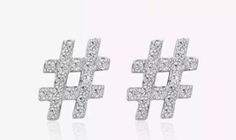 Hash Tag Stud Earrings Genuine Sterling Silver 925 &amp; Clear Cubic Zirconia - £13.97 GBP