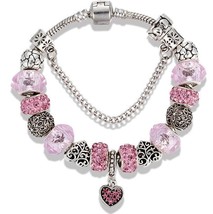 Pink Heart Love Mom European Bead Silver Charm Snake Flex Bracelet 18 19 20 21cm - £9.64 GBP