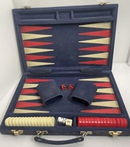 Vintage Backgammon Briefcase Set Game Folding Carry Case Blue Corduroy - £36.40 GBP