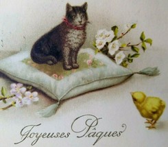 Easter Postcard Cat Seated On Pillow Baby Chick Joyeuses Paques 1923 Vintage - £21.81 GBP