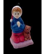 Christmas Village Figurine / Ornament Little Boy Kneeling Praying Santa Hat - $22.26