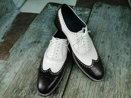 New Men&#39;s Handmade Shoes Spectator White &amp; Black Leather Wingtip Brogue Lace Up - £103.18 GBP+