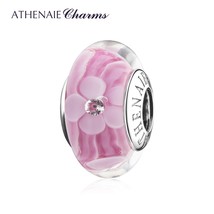 925 Sterling Silver Clear CZ Pink Magnolia Flower Charms Murano Glass Beads for  - £30.04 GBP