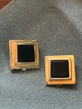 Estate Goldtone Stepped Square w Black Plastic Cab Clip Earrings – 7/8th’s inche - $11.29