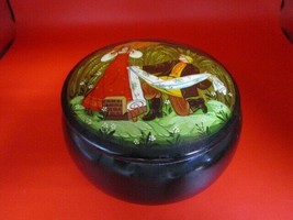 Metal Cloisonne Russian Trinket Jewelry Box Round Hand Painted 2 3/4 X 5&quot; - £50.60 GBP