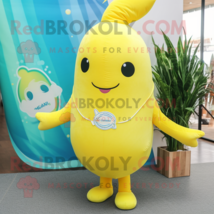 Lemon Yellow Narwhal mascot costume character dressed with a Flare Jeans and Lap - $1,299.00