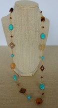 Lovely Premier Designs flapper length faux turquoise, tiger eye beaded necklace - $15.00