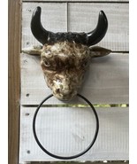 Vintage Dad Bull Head Clay Pottery Metal Ring Holder Wall Decor MEXICO  ... - $97.02