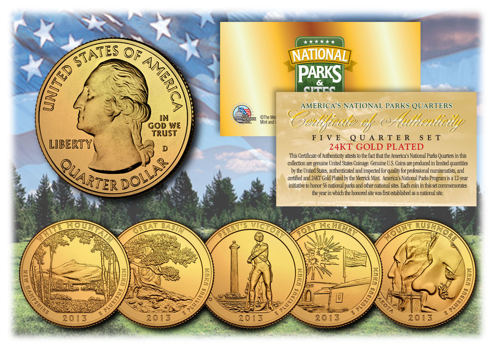 Primary image for 2013 America The Beautiful 24K GOLD PLATED Quarters Parks 5-Coin Set w/Capsules