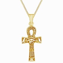 Eye of Horus Ankh Cross 14K Yellow Gold Plated Silver Pendant Necklace 18&quot; Chain - £103.42 GBP