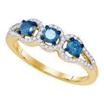 10k Yellow Gold Round Blue Diamond 3-stone Bridal Wedding Engagement Ring 5/8 - £400.91 GBP