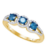 10k Yellow Gold Round Blue Diamond 3-stone Bridal Wedding Engagement Rin... - £400.64 GBP