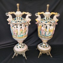 Two Large Vintage M&amp;R Capodimonte Italian Porcelain Bisque Brass Footed Vases - £297.25 GBP