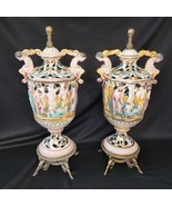 Two Large Vintage M&amp;R Capodimonte Italian Porcelain Bisque Brass Footed ... - $514.51 CAD