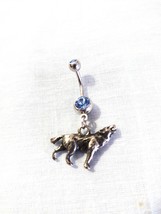 3D Wolf Wildlife Pewter Charm On 14g Baby Blue Cz Navel Bar Belly Button Ring - £5.58 GBP