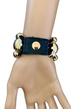 1.5" Wide Gold Tone Faux Leather Vegan Statement Chunky Casual Everyday Bracelet - £12.53 GBP