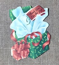 Vintage Hallmark Die Cut Christmas Thank You Card Green Gift Present Red... - $6.93